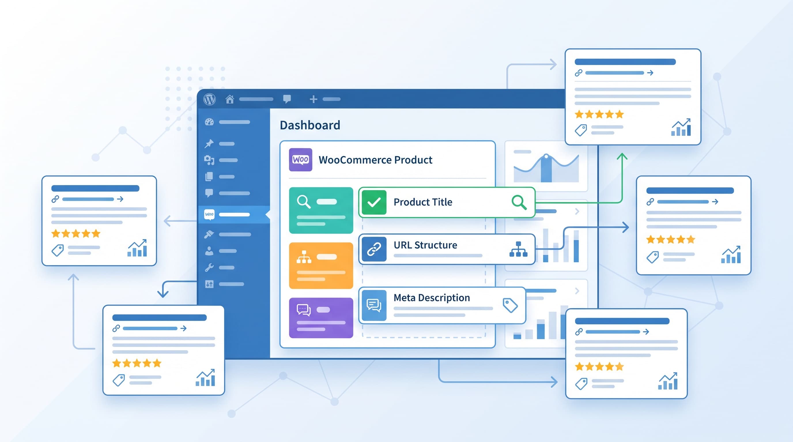 WordPress WooCommerce ürün sayfasının SEO ögelerinin optimize edildiğini gösteren kontrol panosu ekranı ve arama…