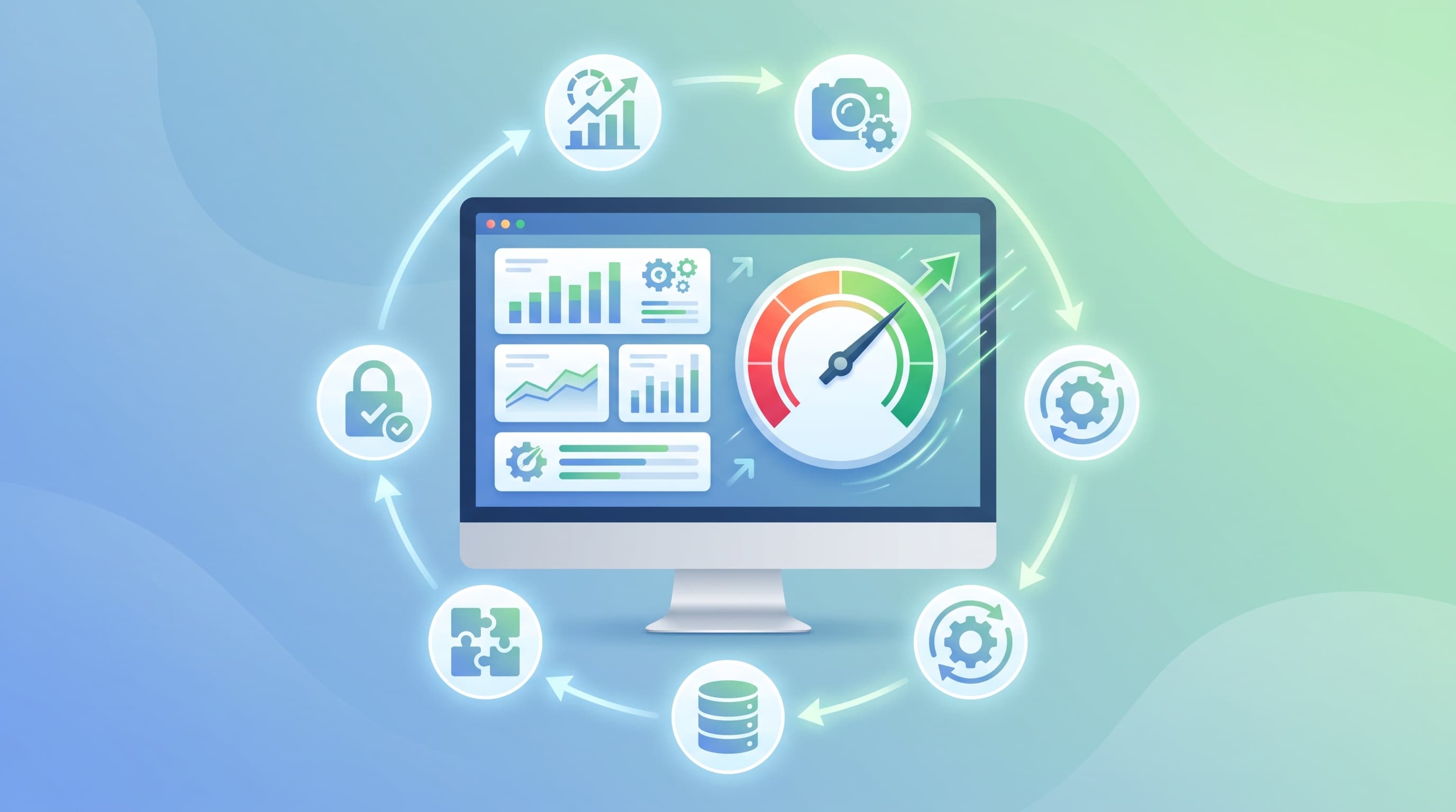WordPress kontrol panelinde hız göstergesi ve optimizasyon adımlarını gösteren simgeler.