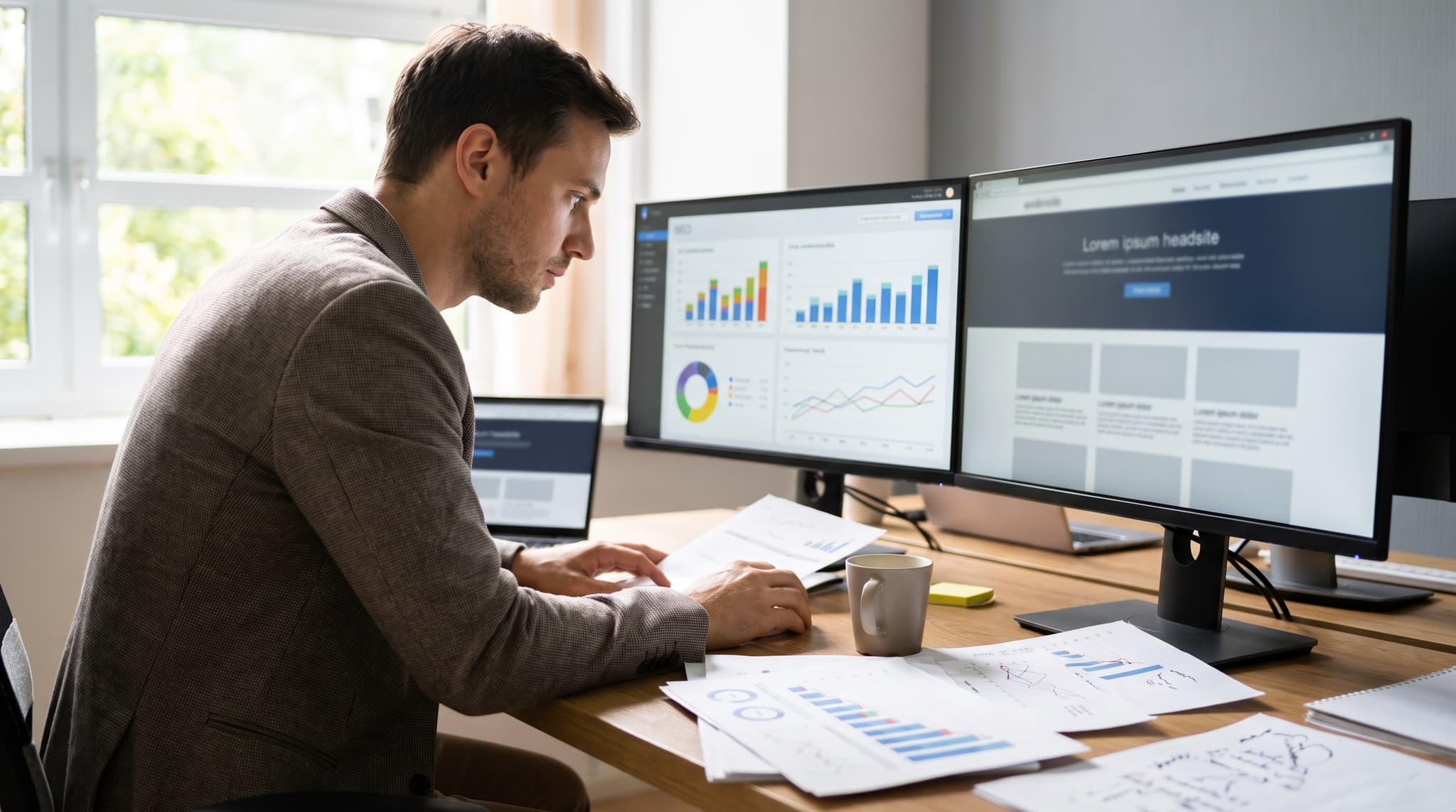 Pazarlama uzmanı çift monitörde rakip SEO analizi verileri ve anahtar kelime metriklerini karşılaştırırken inceler.
