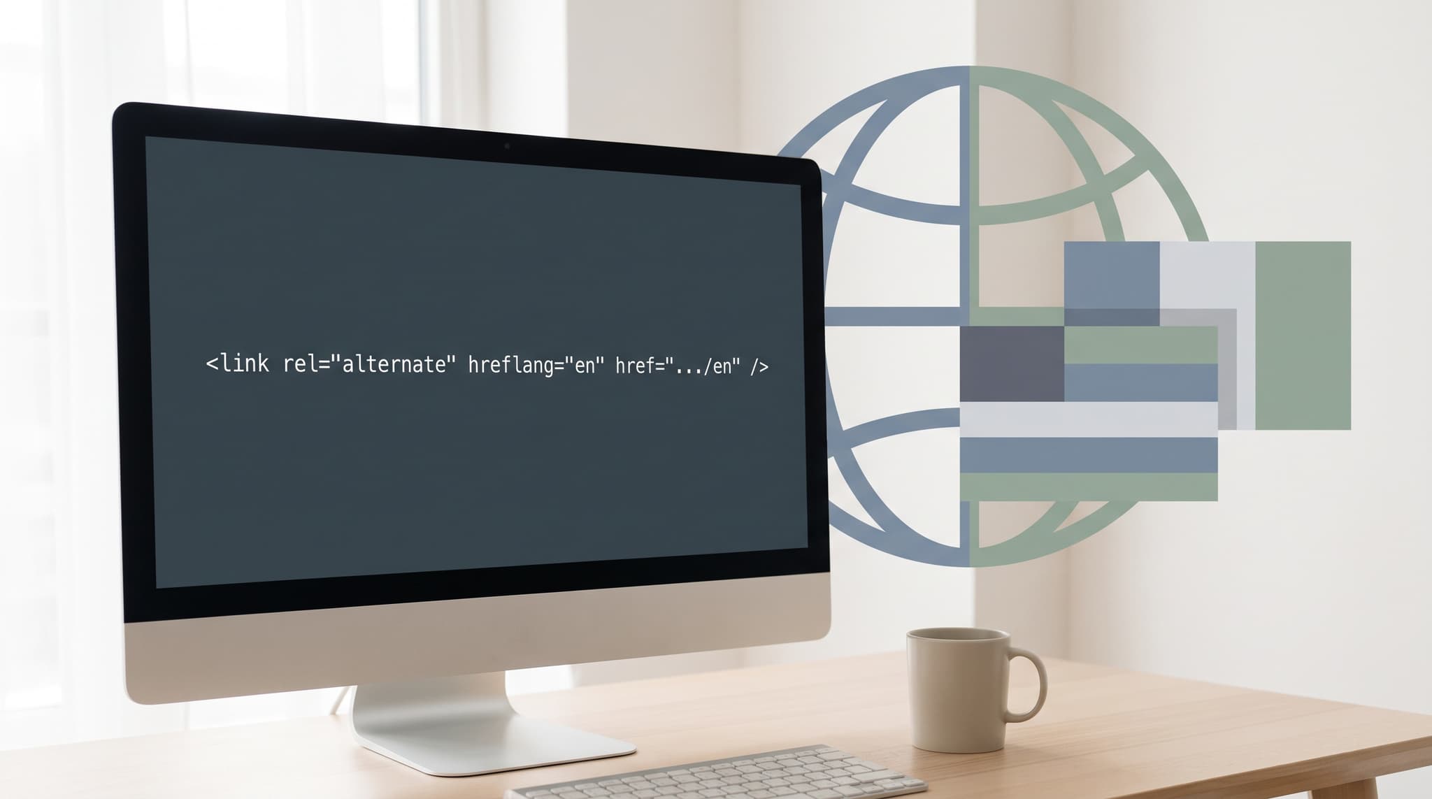 Minimalist monitor ekranında hreflang HTML kodu ve uluslararası bağlantı göstergesi
