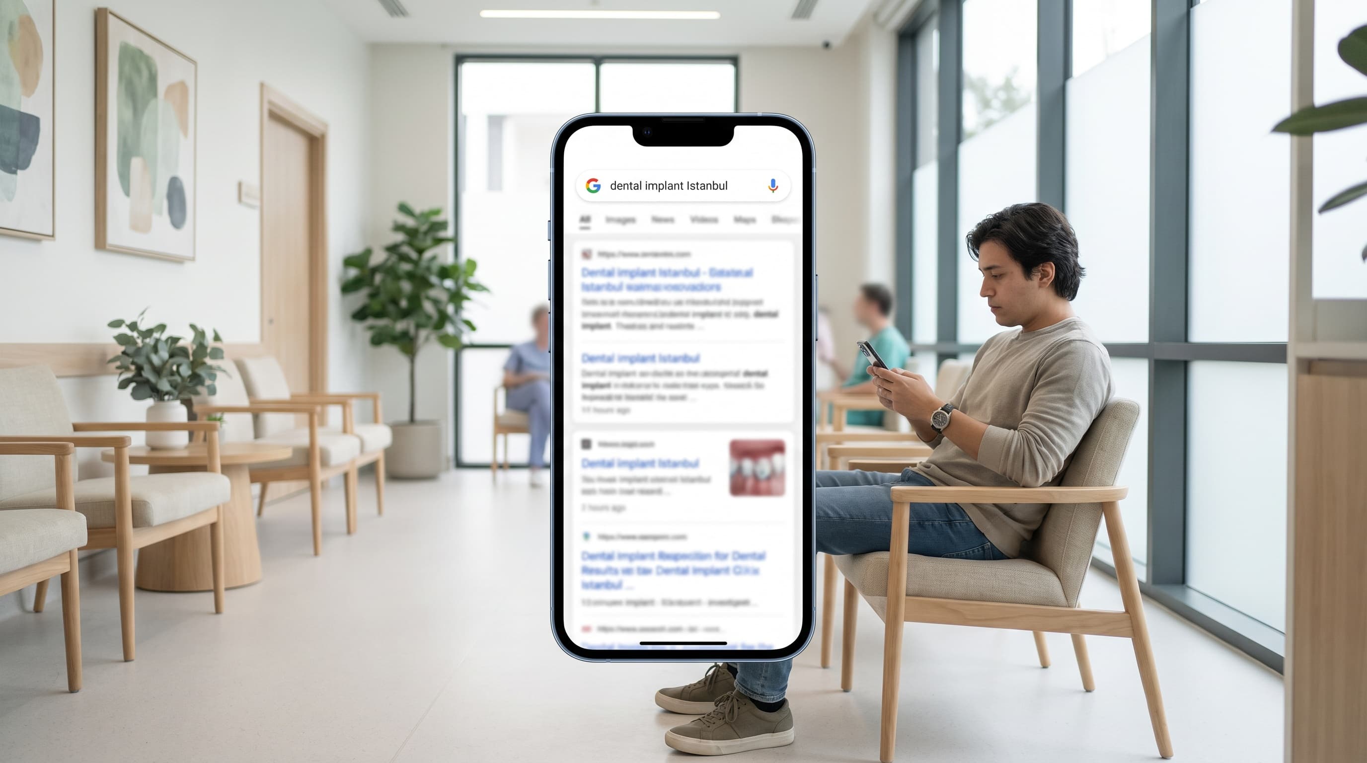 Yabancı bir hasta klinikte oturmuş, telefonda sağlık turizmi hizmetlerini araştırıyor.