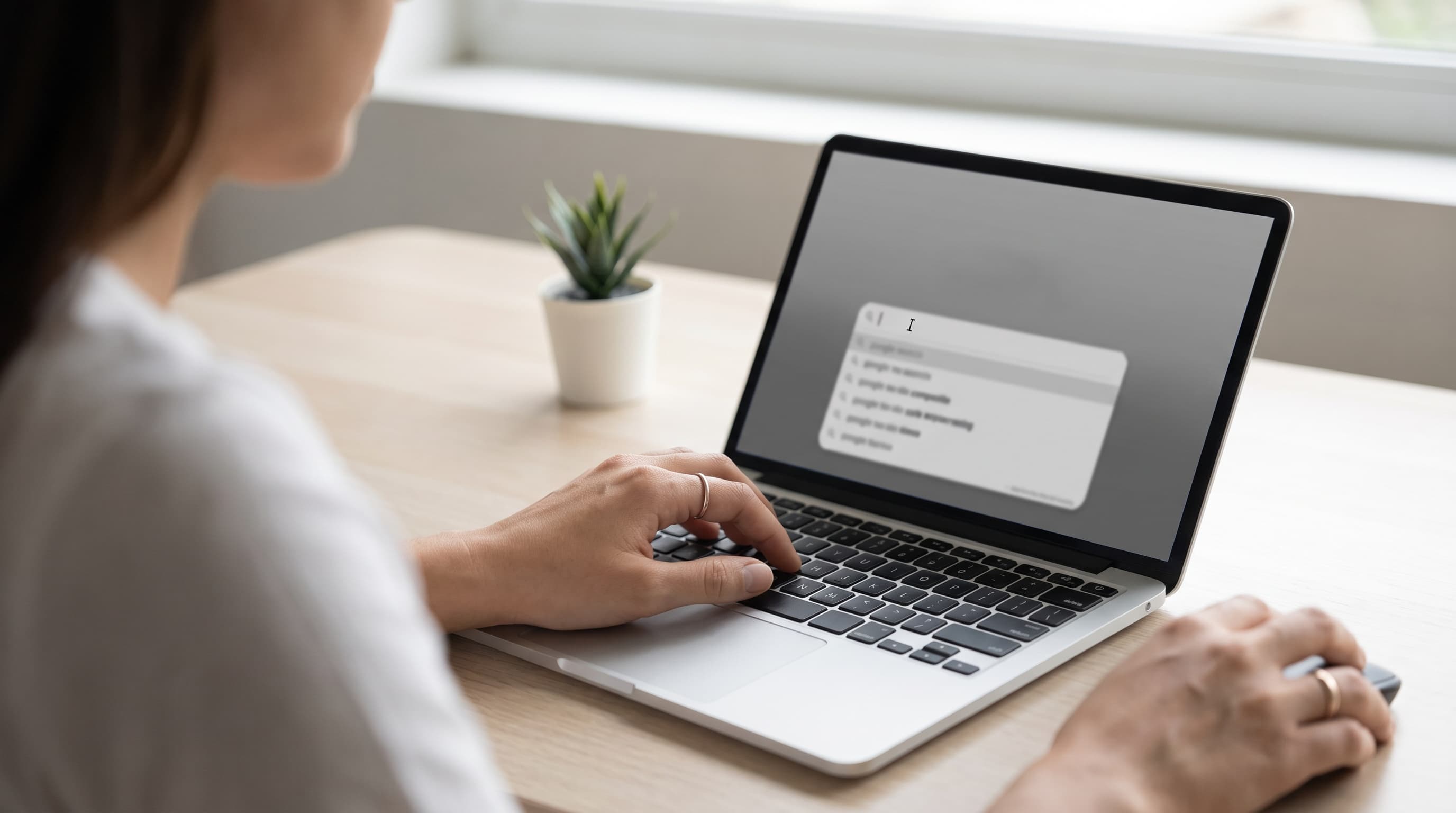 Araştırma yapan kişi, laptopda Google arama çubuğu ve uzun kuyruk anahtar kelimeleri görüntülüyor.