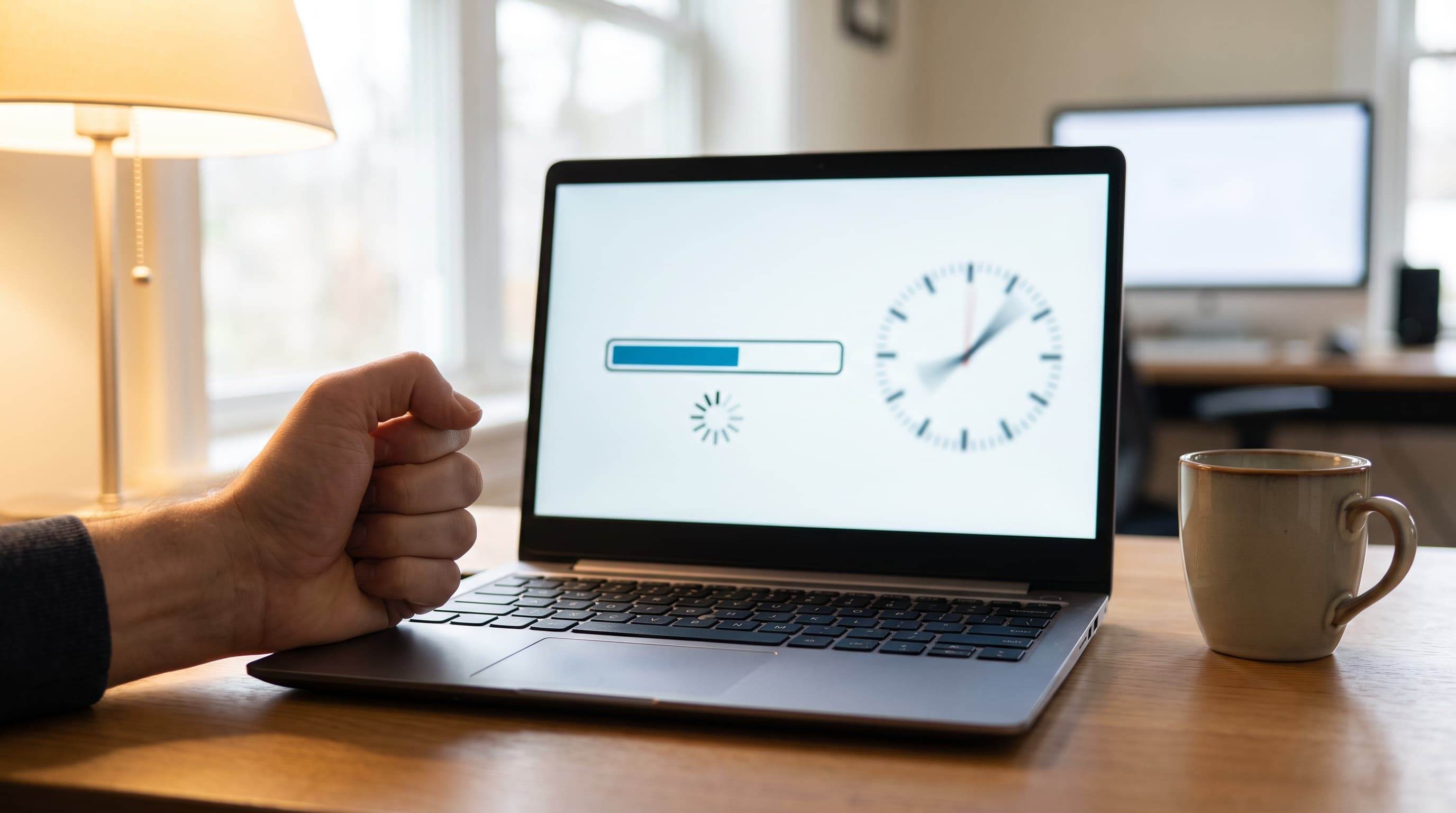 WordPress yönetim paneli açık bilgisayar ekranında yavaş yükleniş göstergesi ve uyarı sembolleri.